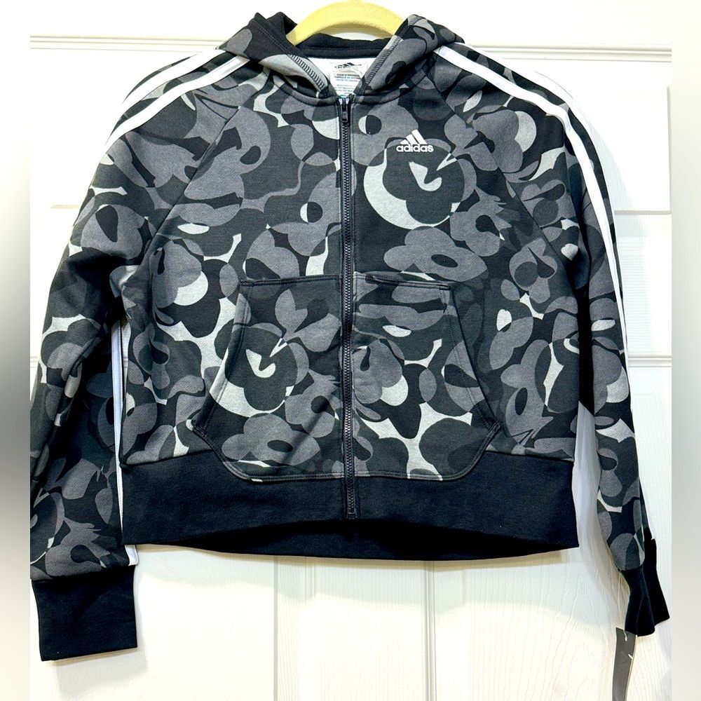 NWT Adidas Girls' Zip-Front Essential 3-Stripe Hooded Fleece Jacket Sz M 10/12